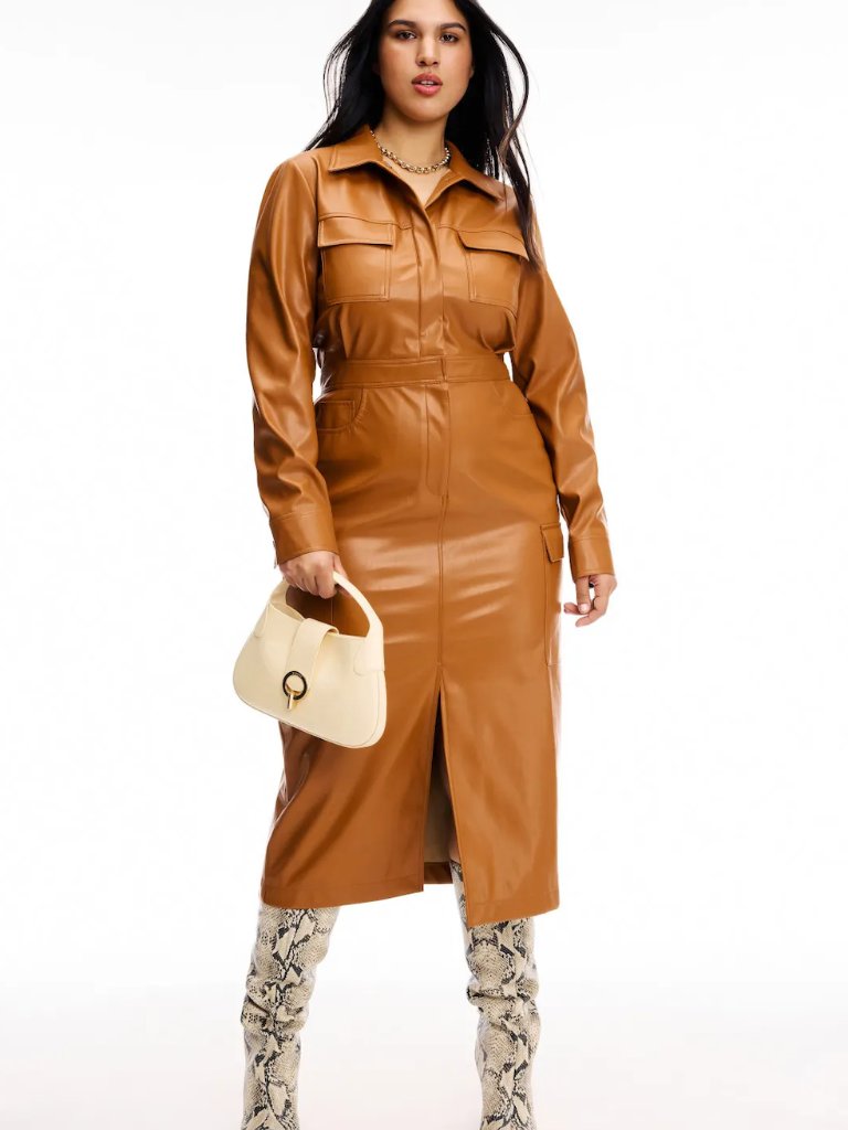Marissa Webb X Rtr Front Slit Leather Shirt Dress In Brown Tan Long Sleeve Midi